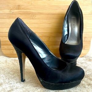 Steve Madden Black 5" High Heels Platform Pumps Satin Black Glitter Sexy Formal